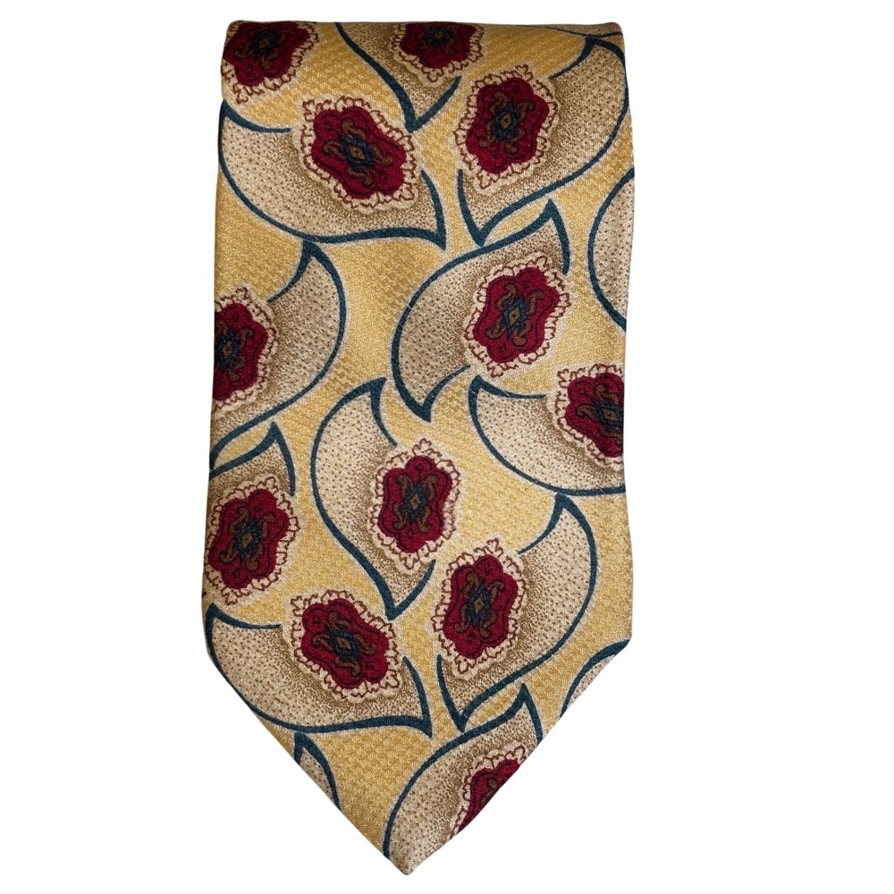 BUGATTI Mens 100% Italian Silk Necktie Yellow Floral Pattern Designer